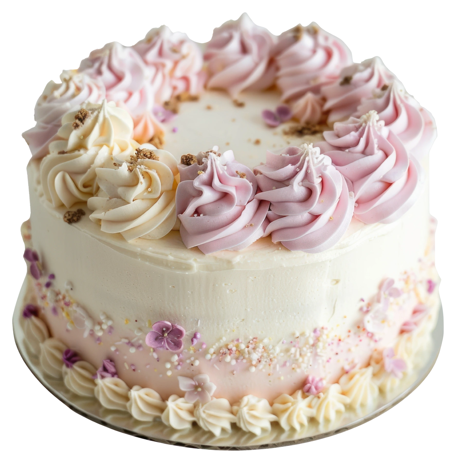 Softly frosted celebration cake finished with pink rosettes